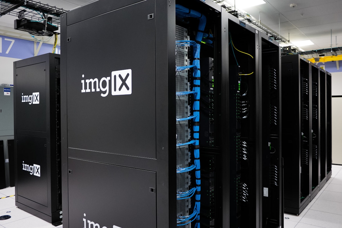 A server rack in a data center, with cabling running between modules.