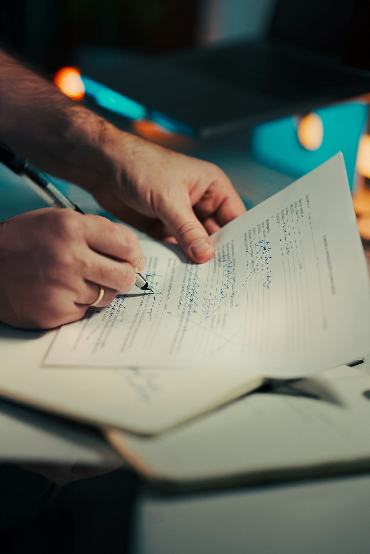 A close-up of a person signing a document with a pen.