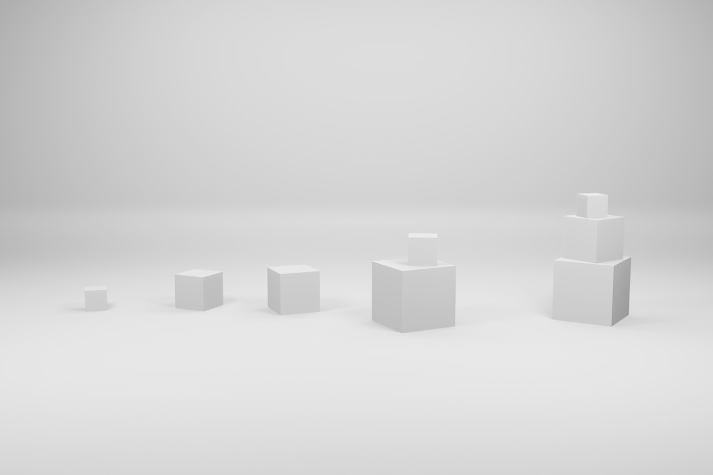 A row of identical white cubes lined up in a perfectly straight line.