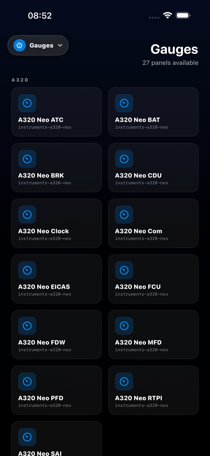 Grid of live MSFS cockpit panels — A320 Neo PFD, ND, MFD, EICAS, MCDU, FCU, SAI