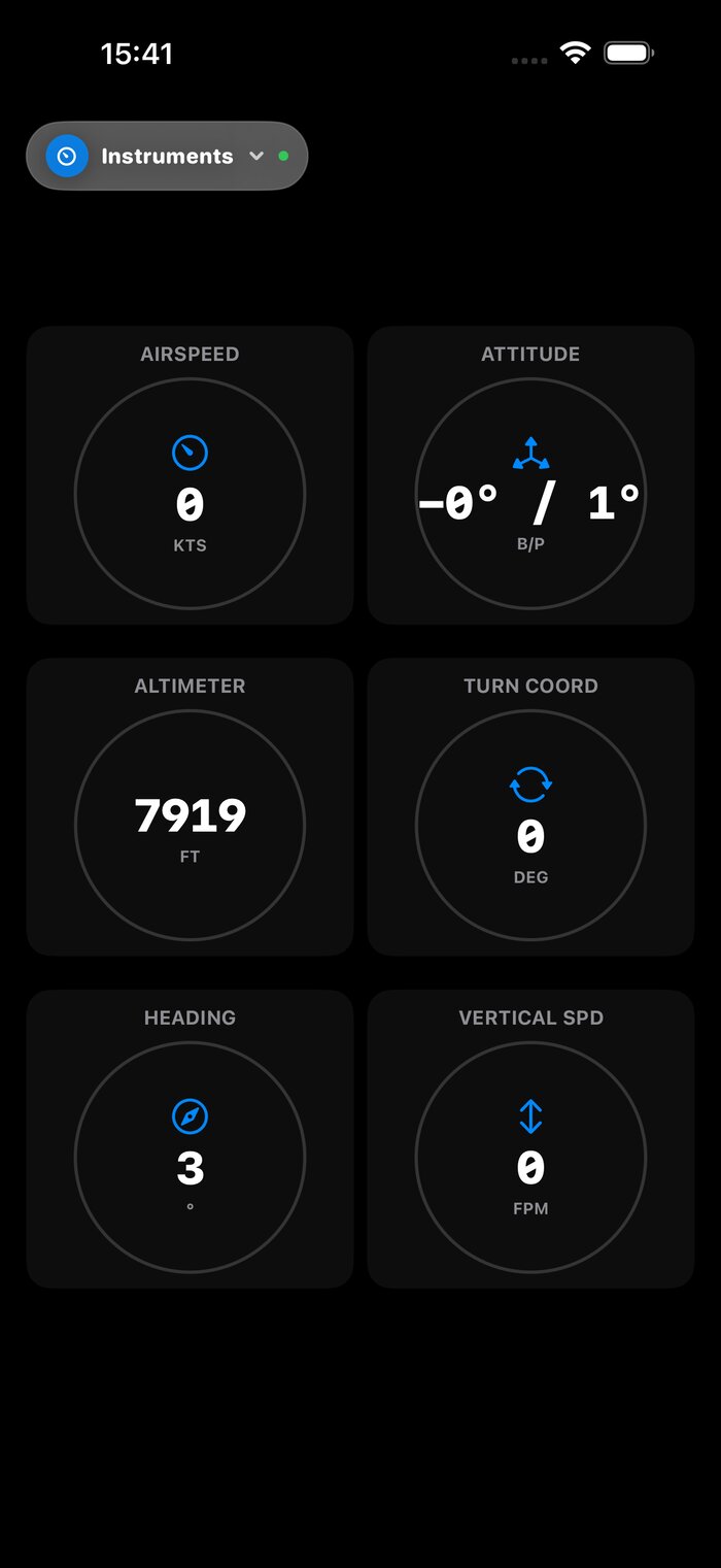 Six-pack cockpit instruments — airspeed, attitude, altimeter, turn coordinator, heading and vertical speed