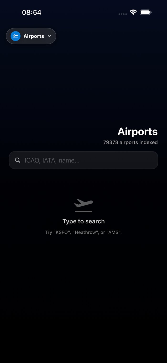 Airport directory with 79,000 airports indexed by ICAO, IATA and name