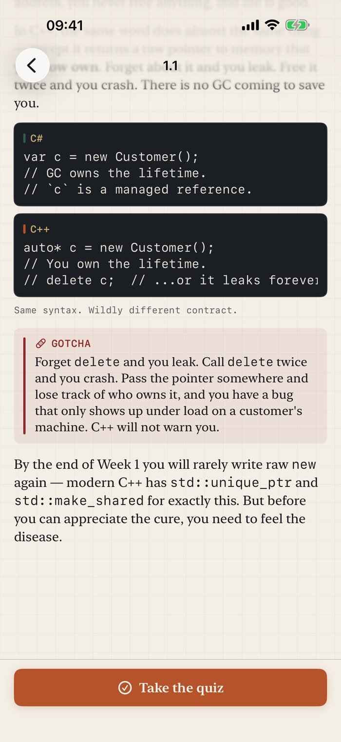 A lesson page comparing C# and C++ memory semantics side by side